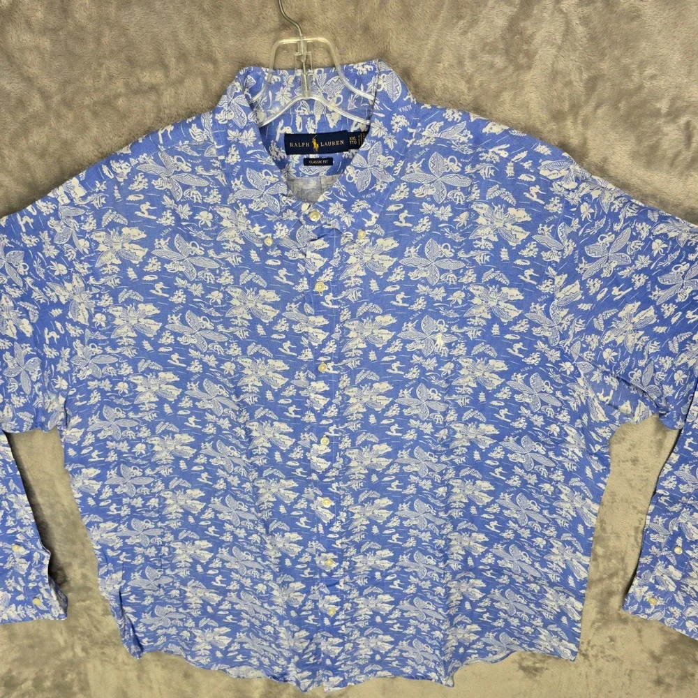 Ralph Lauren Button Down Shirt Mens XXL Blue White Linen Hawaiian Aloha Classic